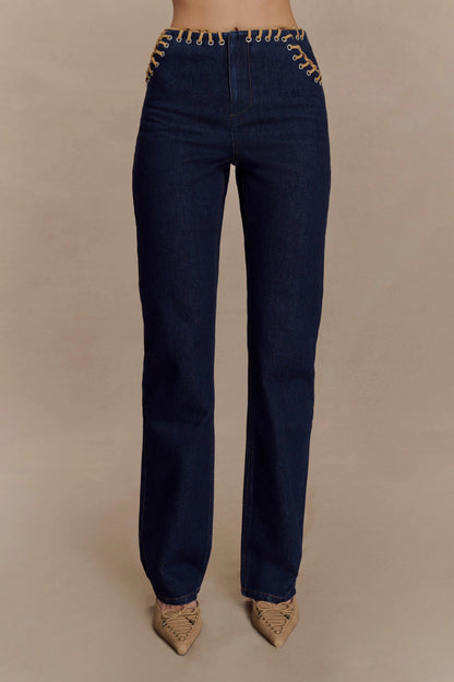 Meryl Lace Up Denim Jean - Indigo Blue