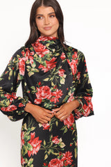 Perrie Long Sleeve Midi Dress - Black Floral