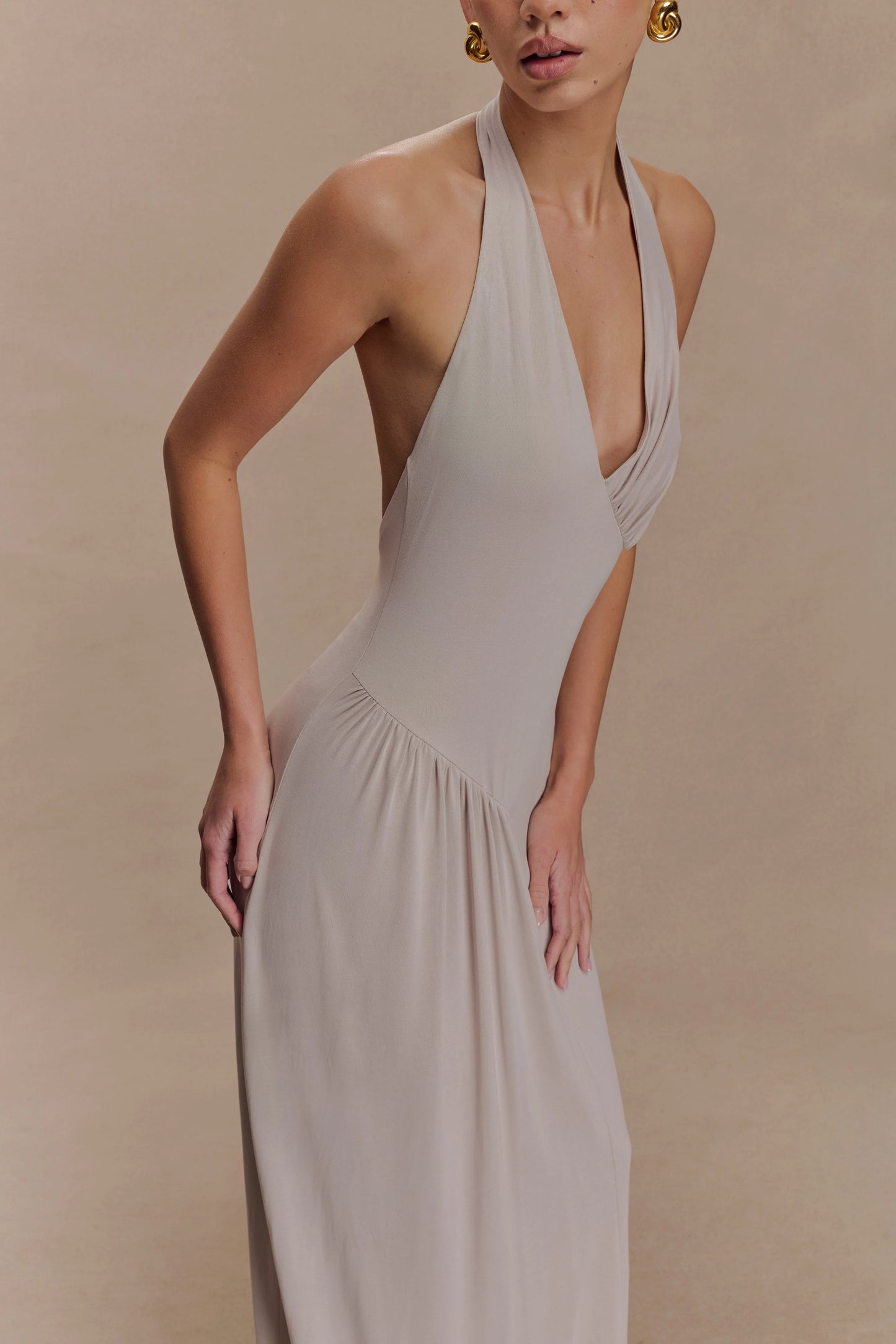 Yelena Ruched Halter Maxi Dress - Taupe