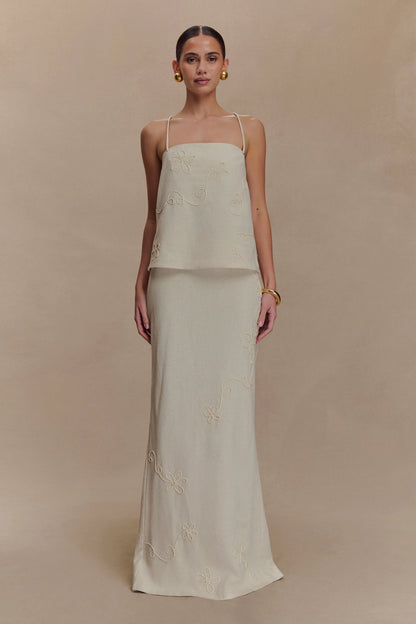 Casey Linen Embroidered Maxi Skirt - Natural