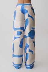 Rachel Satin Straight Leg Pants - Blue Geo Tile Print