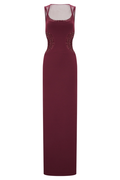 Angelique Beaded Crepe Maxi Dress - Wine